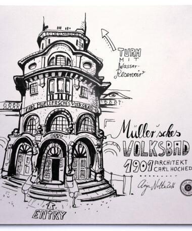 Zeichnung Aussenansicht des berühmten Jugendstil-Schwimmbades.