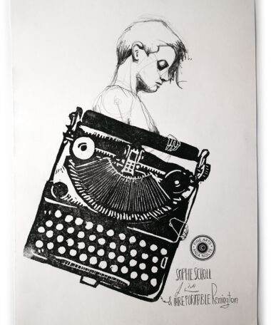 Zeichnung der Sophie Scholl auf Linoldruck Ihrer Portable Remington