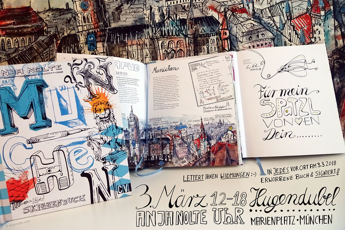 Buchpräsentation Urban Sketching München Anja Nolte bei Hgendubel am Münchner Marienplatz